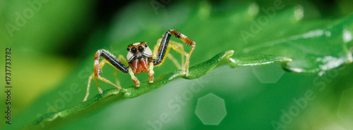 Extreme macro of a striking Jumping Spider (Salticidae) with large eyes, red/yellow markings, perched on a vibrant green leaf. Sharp focus, tropical nature/wildlife detail.