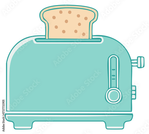 Cartoon illustration of a retro teal toaster with bread popping out, kitchen appliance