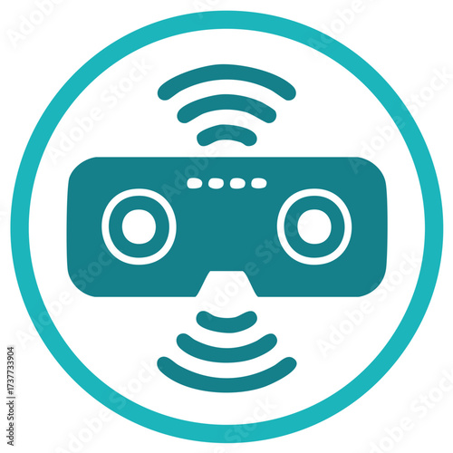 Virtual reality headset and wireless signals inside a cyan and white circle illustration