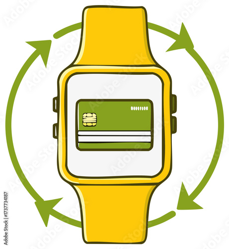 Smartwatch displaying a credit card with circular arrows symbolizing contactless payment and transaction process