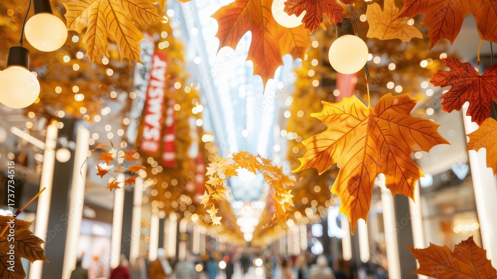 Naklejka premium Warm Autumnal Decorations: Hanging Maple Leaves and Glowing Lights Adorn a Modern Indoor Space, Creating a Festive Fall Atmosphere
