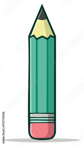 Cartoon illustration of a classic pencil with green body, eraser and sharpened tip for writing and drawing