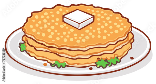 Stack of crepes with butter, pancakes dessert on plate, delicious food