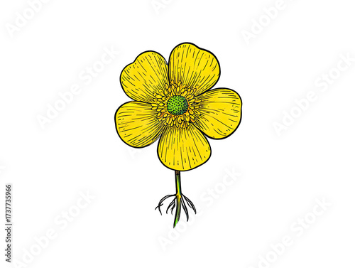 Illustration of a bright yellow buttercup flower with roots isolated on black