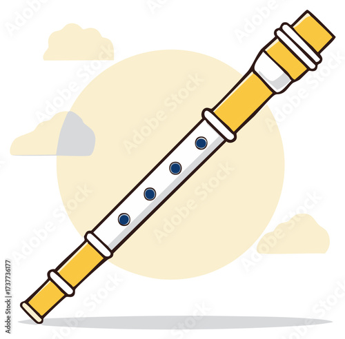 A yellow and white recorder musical instrument with blue finger holes and clouds in the background
