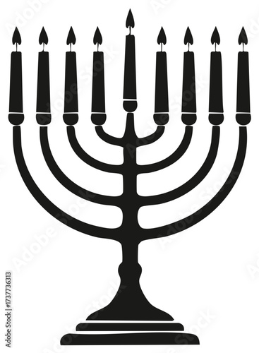 Simple black and white illustration of a Jewish Hanukkah menorah with candles.
