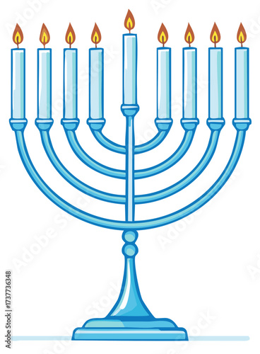 Cartoon illustration of a blue Hanukkah menorah with nine lit candles for the Jewish Festival of Lights