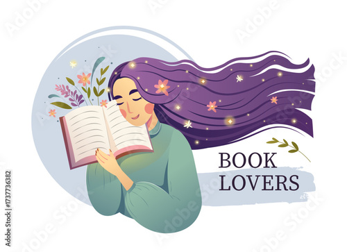 Happy woman reading fiction book. Vivid imagination, fantasy concept. Girl reader with flying butterflies and flowers and fancy literature. Flat graphic vector illustration on white. Book Lovers Day