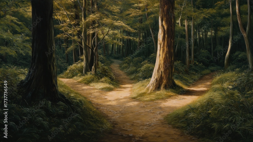 Obraz premium Forest path at a fork in the road