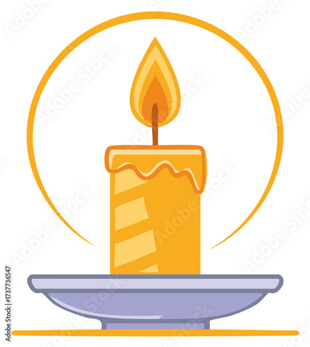 Bright cartoon burning candle with dripping wax and a glowing flame on a holder