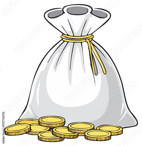 Bag of gold coins spilled on white background, illustration