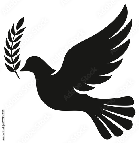 Black silhouette of a flying peace dove holding an olive branch a universal symbol of hope and freedom