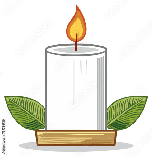 Candle Flame with Leaves and Wood Holder, Flame Burning Still Life