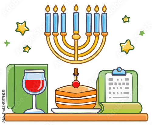 Festive Hanukkah celebration vector illustration with menorah lit candles wine cake and books
