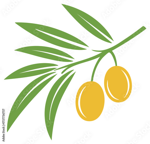 Stylized olive branch with green leaves and two yellow olives on a light background