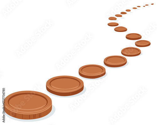 Financial path of progressively smaller round brown stepping stones or coins
