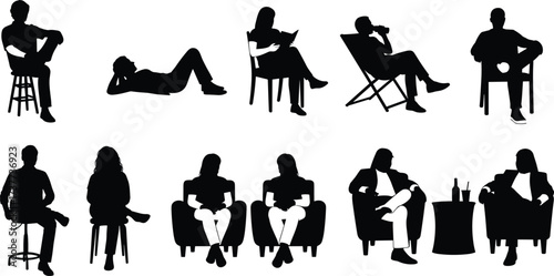 Relaxed human silhouettes in casual poses — sitting, lying, reading, sipping drinks — leisure lifestyle, home comfort, downtime moments, modern relaxation, cozy interior scenes.