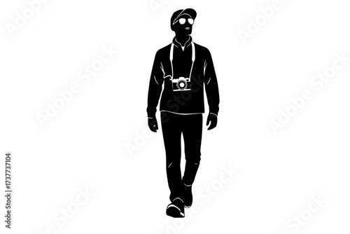 Vector Silhouette of an Urban Explorer or Flaneur Observing the City. camera