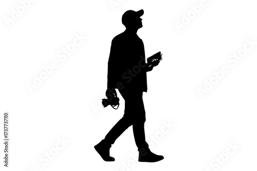 Vector Silhouette of an Urban Explorer or Flaneur Observing the City. camera