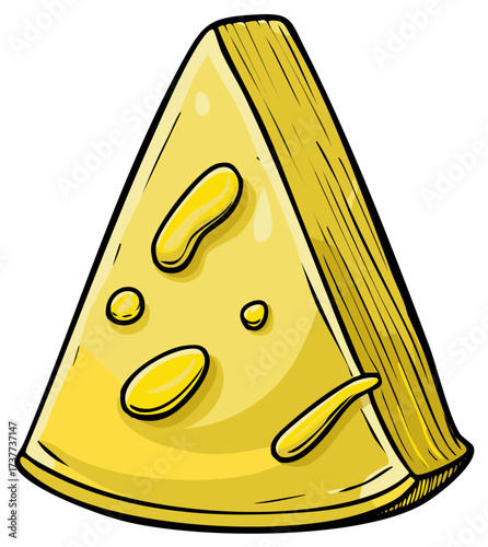 Cartoon wedge of Swiss cheese with holes, isolated vector illustration for food and menu design