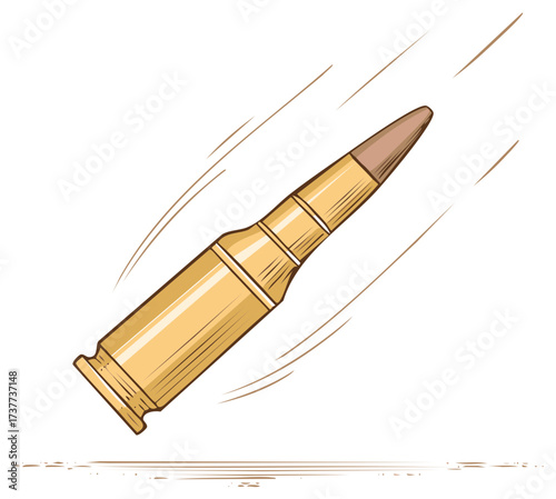 Gold rifle ammunition bullet in dynamic flight with speed lines vector illustration