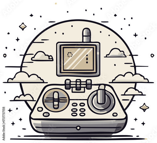 Modern drone remote control with screen and joystick under a sky with clouds and stars