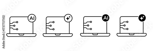 Laptop with AI Icon Set. Artificial Intelligence technology symbols for web services and modern applications