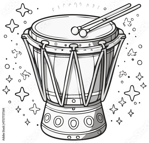 Djembe Drum with Sticks, Hand-Drawn Illustration, Musical Percussion