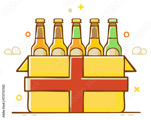 A festive gift box of beer bottles with a red ribbon perfect for a celebration or party vector illustration