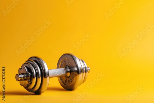 Single dumbbell on minimalist background. Modern fitness concept for home workout and gym design.