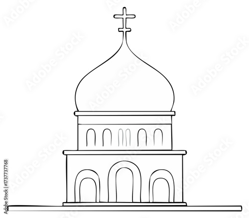 Minimalist black outline drawing of a traditional church dome adorned with a cross, evoking spirituality and architectural beauty.