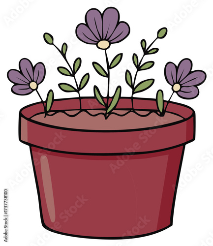 Simple cartoon illustration of purple blooming flowers growing in a terracotta pot indoors