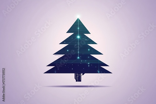 Digital christmas tree with glowing lights on a light purple background for holiday designs