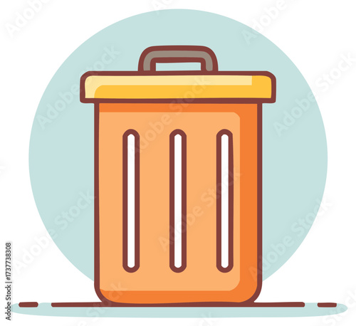 Stylized orange and yellow trash can with handle on pale blue circle evokes sanitation and environmental concerns