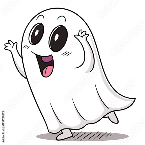 A cute, cartoon ghost with a simple, sheet-like white body. It has big, expressive black eyes, an open mouth showing a pink tongue, and small hands raised as if it's waving hello or happily floating.