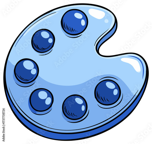 Vibrant Blue Cartoon Art Palette with Paint Pots for Creative Expression