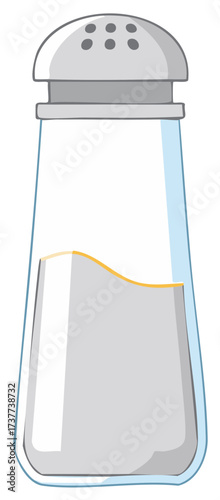 Simple cartoon illustration of a transparent glass salt shaker filled with white seasoning for cooking or dining