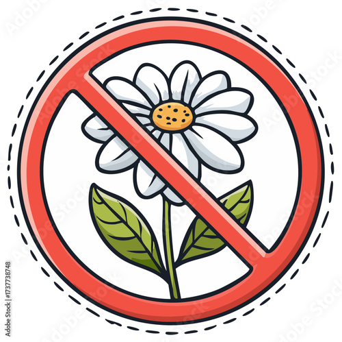 Cartoon daisy flower in a red prohibition sign for allergy warning or no plants allowed