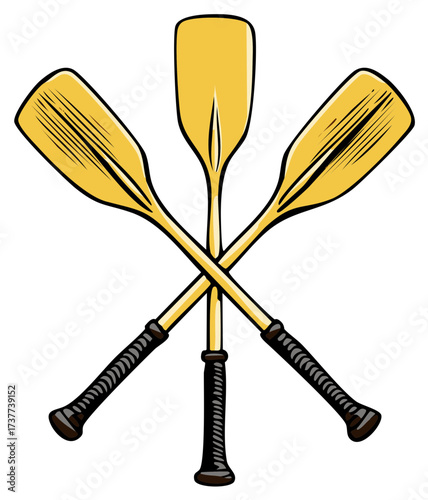 Crossed oars illustration, yellow paddles, graphic design, water sports emblem