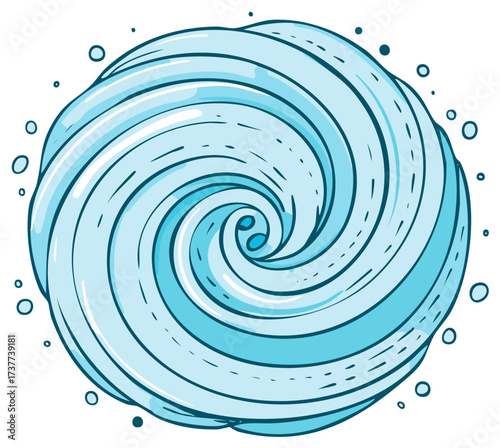 Stylized blue water vortex with swirling patterns and bubbles