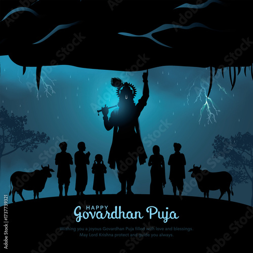 Indian religious festival happy Govardhan Puja Hindu festival Greeting background with Silhouette illustration of Lord Krishna lifting hill.