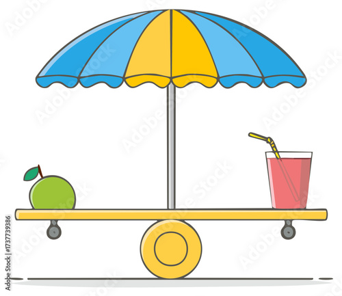 Summer diet choice concept with a fresh apple and sweet juice balancing on a scale under an umbrella