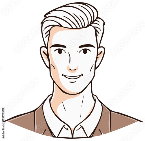 A hand drawn illustration of a handsome man smiling, wearing a coat and dress shirt, looking at the camera