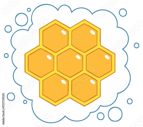 Cartoon golden honeycomb pattern in a blue stylized bubble design element