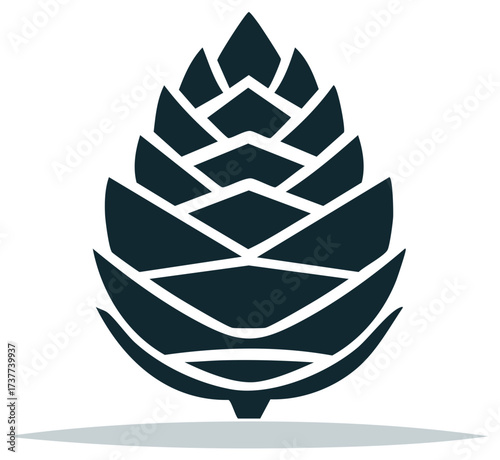 Stylized illustration of a botanical cone with minimal geometric design in black and white