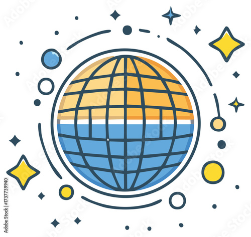 Globe surrounded by stars and orbital lines in blue and gold colors