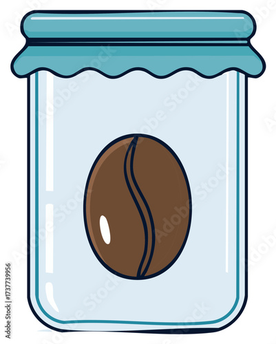 Single Coffee Bean Preserved in a Clear Jar with Blue Lid Illustration