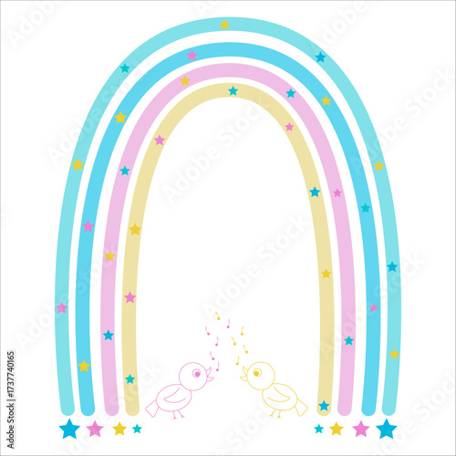 A joyful depiction of a vibrant rainbow with two birds below, decorated with sparkling stars.