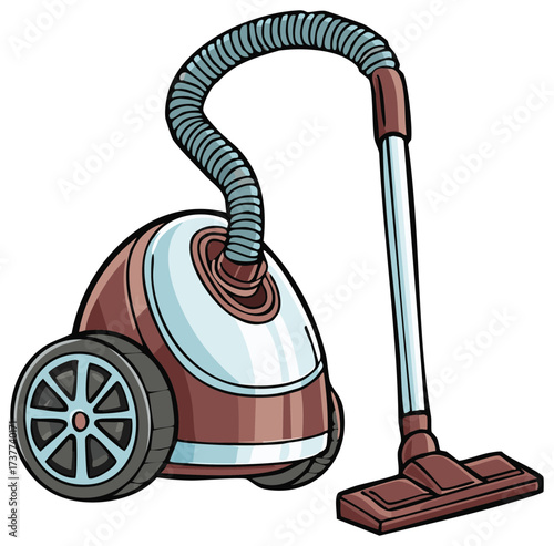 Cartoon illustration of a vacuum cleaner in brown and blue colors.