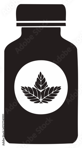 Black Bottle Silhouette with Natural Leaf Icon Vector Illustration